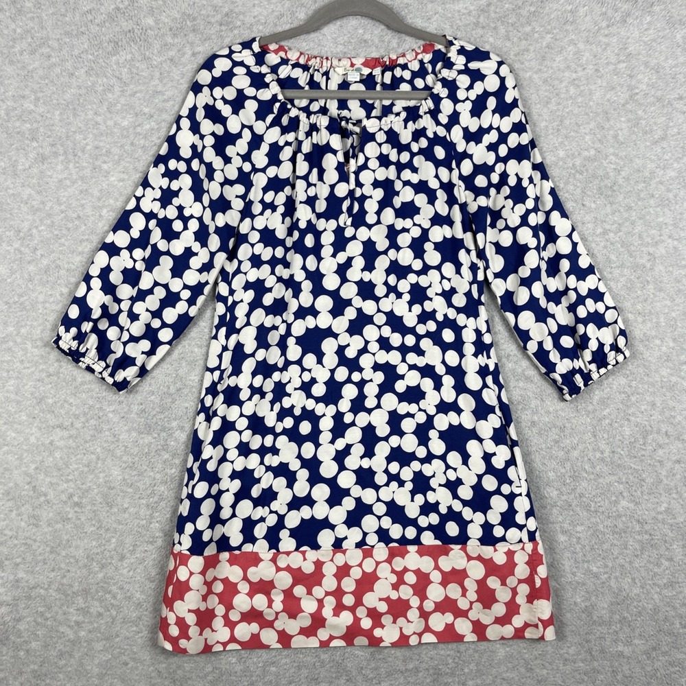 Boden Silk Blend Polka Dot Shift Dress Womens Petite 2P Navy 3/4 Sleeve Tie Neck